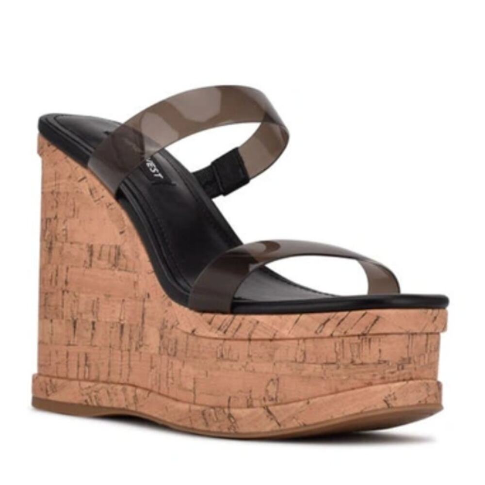 Nine West Rapps Platform Wedge Sandal 8.5 NWOT Black Cork Travel Beach Resort